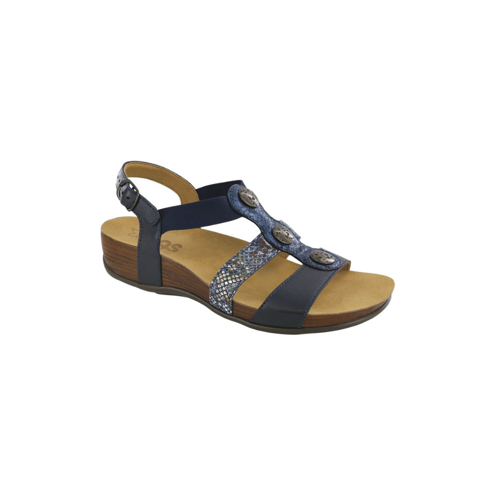 SAS Women's Clover T-Strap Sandal - Comfort Slip-On - Navy Multi