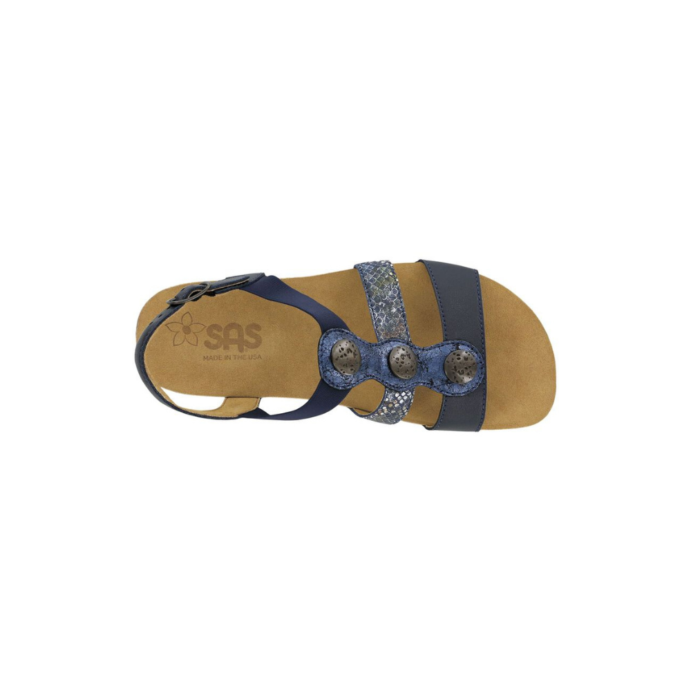 SAS Women's Clover T-Strap Sandal - Comfort Slip-On - Navy Multi
