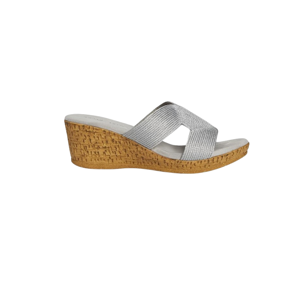 David Tate Women's Vibe Wedge Slide Sandal - Silver Rayon Fabric
