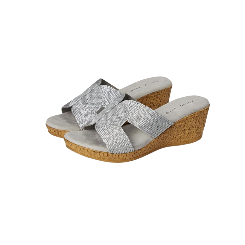 David Tate Women's Vibe Wedge Slide Sandal - Silver Rayon Fabric
