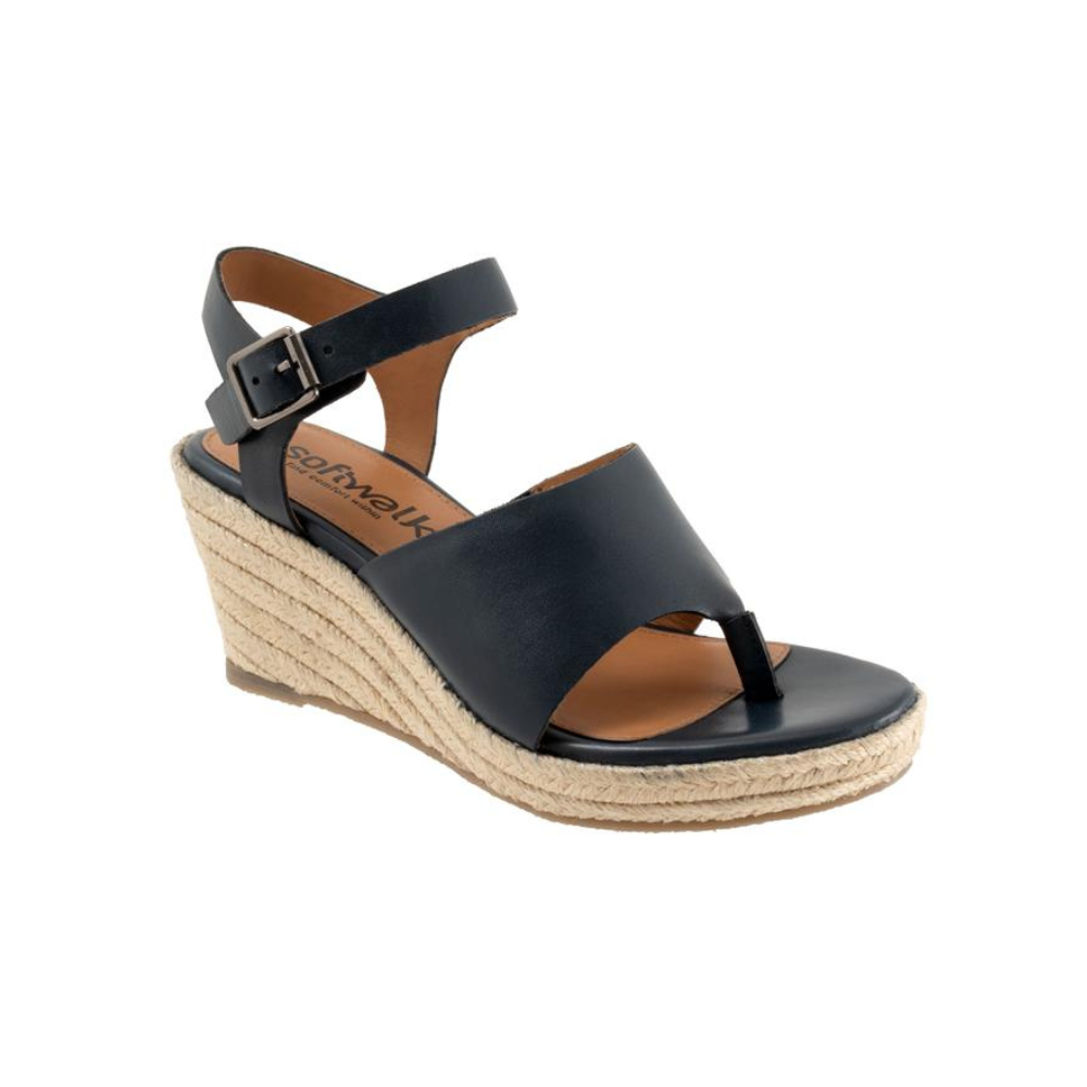SoftWalk Hilo Women's Leather Espadrille Wedge Sandal - Navy
