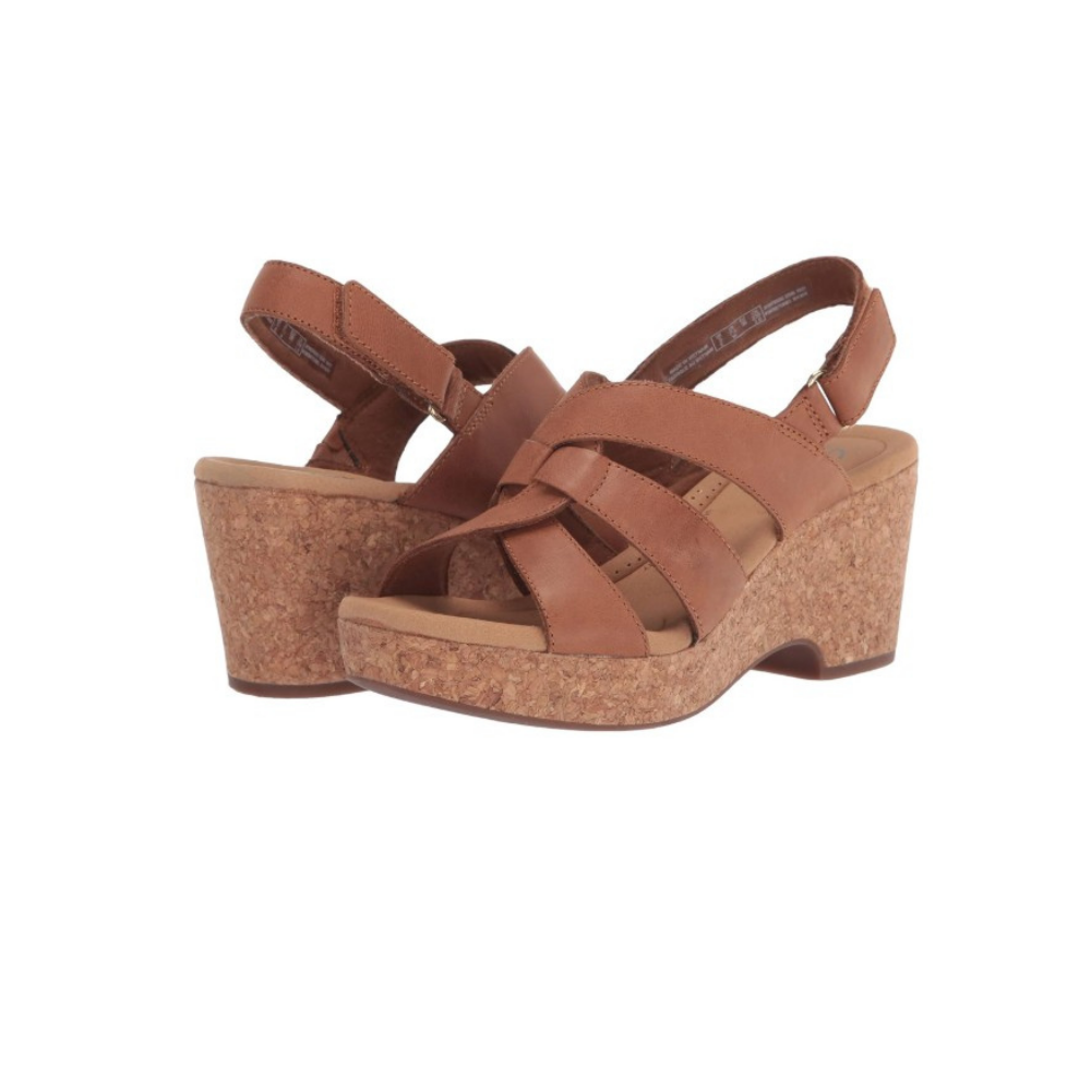 Clarks Women's Giselle Beach Tan Leather Wedge Sandal 26164796