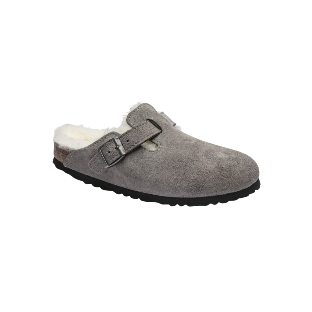 Birkenstock Boston VL Shearling Suede Leather Clog Sandal - Stone Coin
