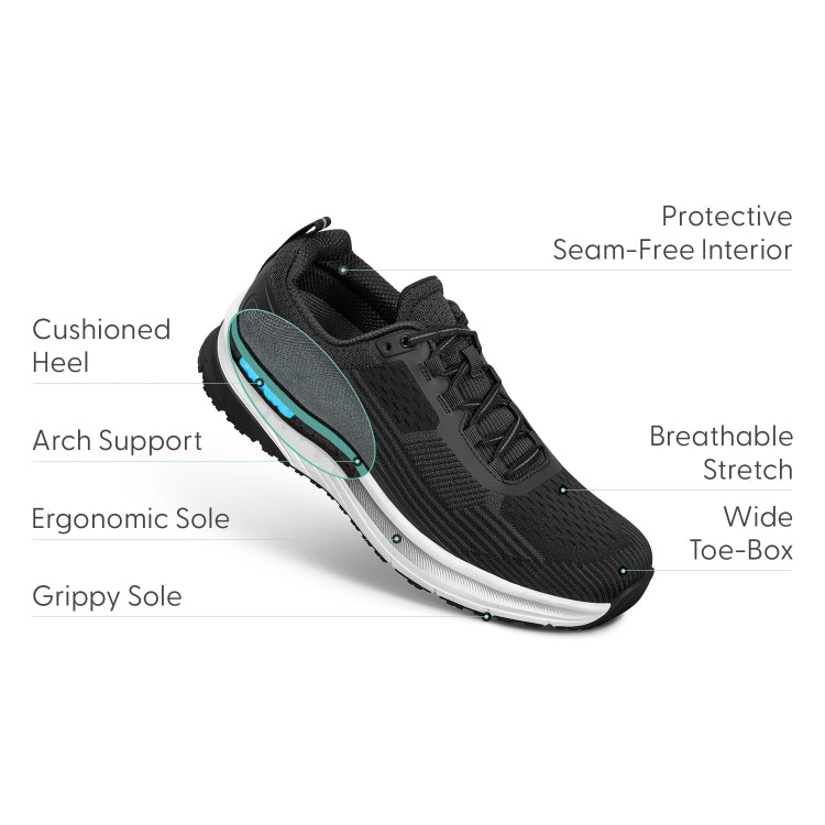 Orthofeet Race Men’s Comfort Walking Shoe - Black  - Extended Capacity  Sneaker