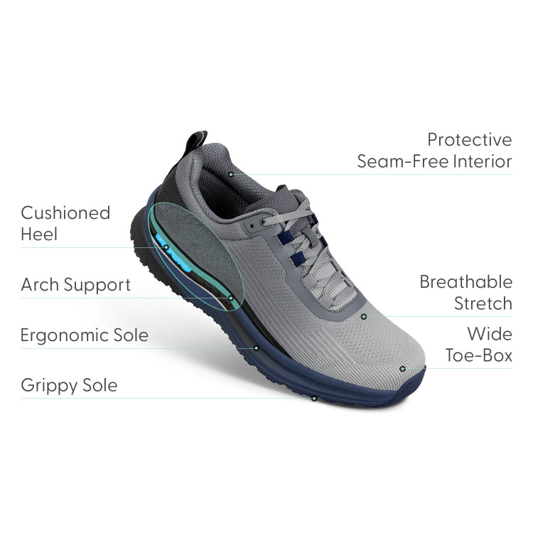 Orthofeet Race Men’s Comfort Walking Shoe - Gray/Navy  - Spacious Fit Athletic Sneaker