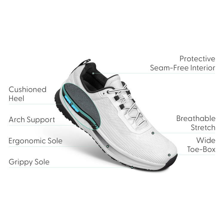 Orthofeet Race Men’s Comfort Walking Shoe - White  - Spacious Fit Athletic Sneaker