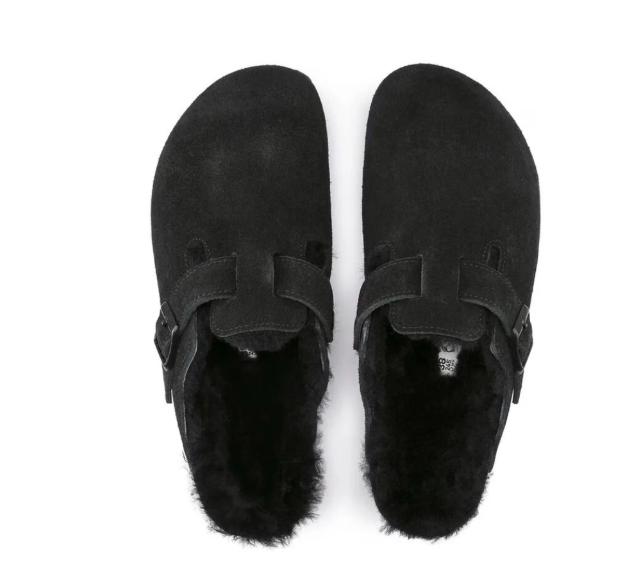 Birkenstock Boston VL Shearling Suede Leather Black Unisex Clog Sandal