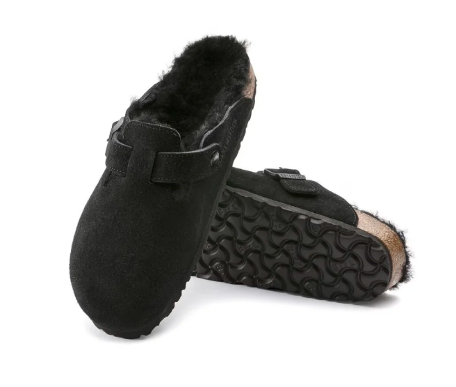 Birkenstock Boston VL Shearling Suede Leather Black Unisex Clog Sandal