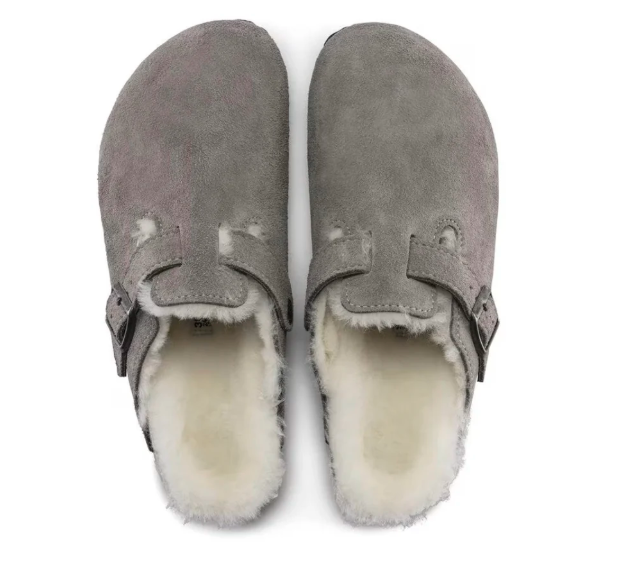 Birkenstock Boston VL Shearling Suede Leather Clog Sandal - Stone Coin