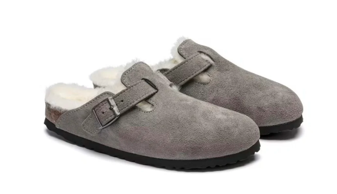 Birkenstock Boston VL Shearling Suede Leather Clog Sandal - Stone Coin