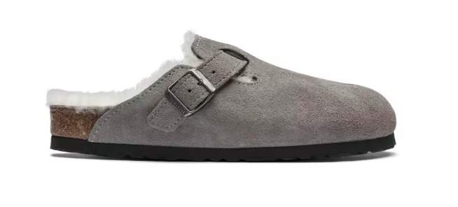 Birkenstock Boston VL Shearling Suede Leather Clog Sandal - Stone Coin