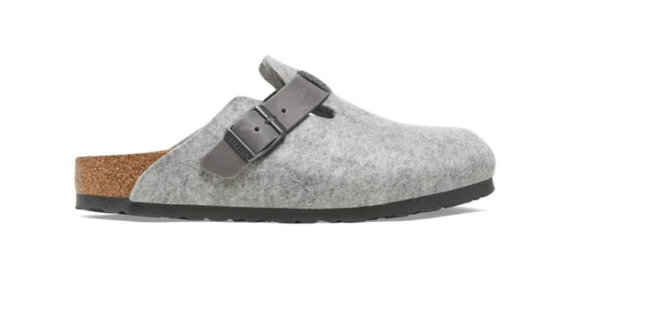 Birkenstock Unisex Boston Clog Sandals Natural Leather-Felt- Light Gray