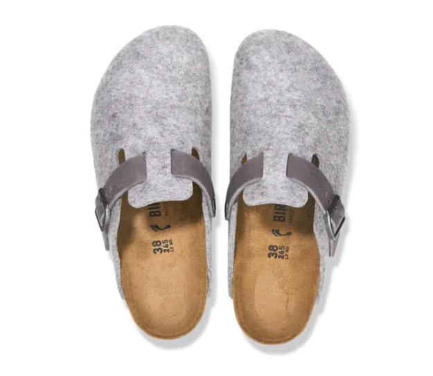 Birkenstock Unisex Boston Clog Sandals Natural Leather-Felt- Light Gray